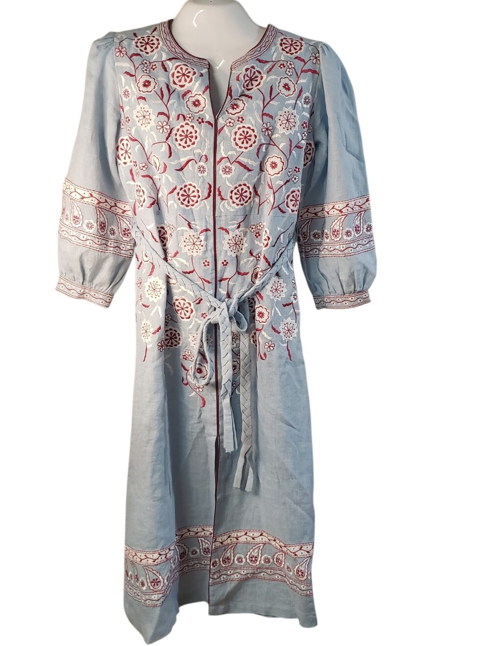 Asha Women's Embroidered Light Blue Cotton Maxi Dress with Belt Size M 100%Linen